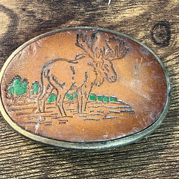 Other - Vintage Moose In Wilderness Leather Stamped Design Belt Buckle Made In USA